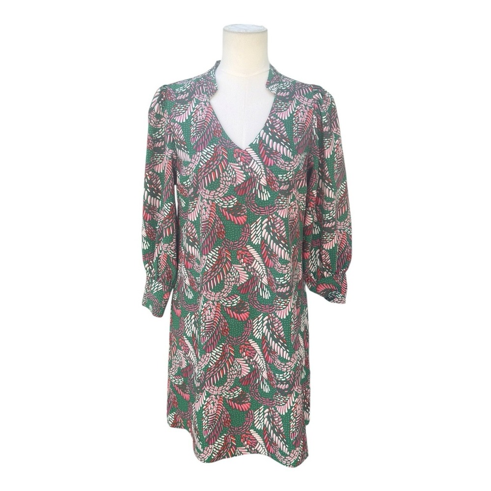 Michelle McDowell XS Green Pink Abstract Print Shift Dress 3/4 Sleeve V Neck